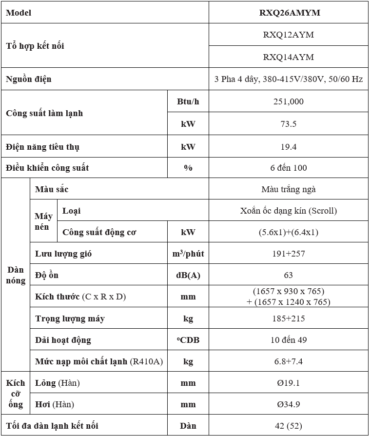 Đặc Điểm Kỹ Thuật RXQ26AMYM