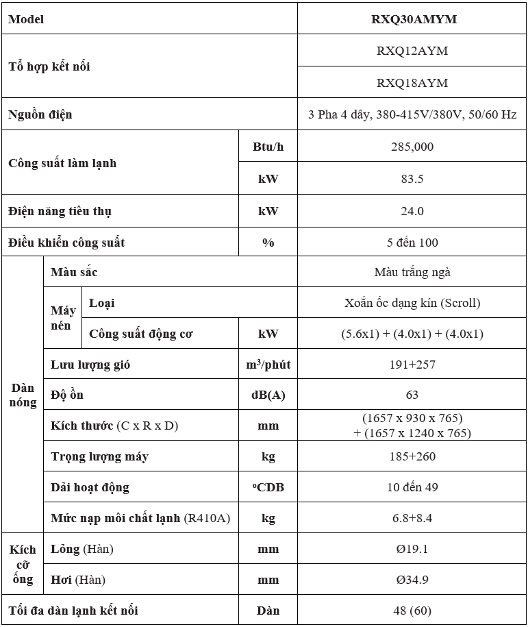 Đặc Điểm Kỹ Thuật RXQ30AMYM